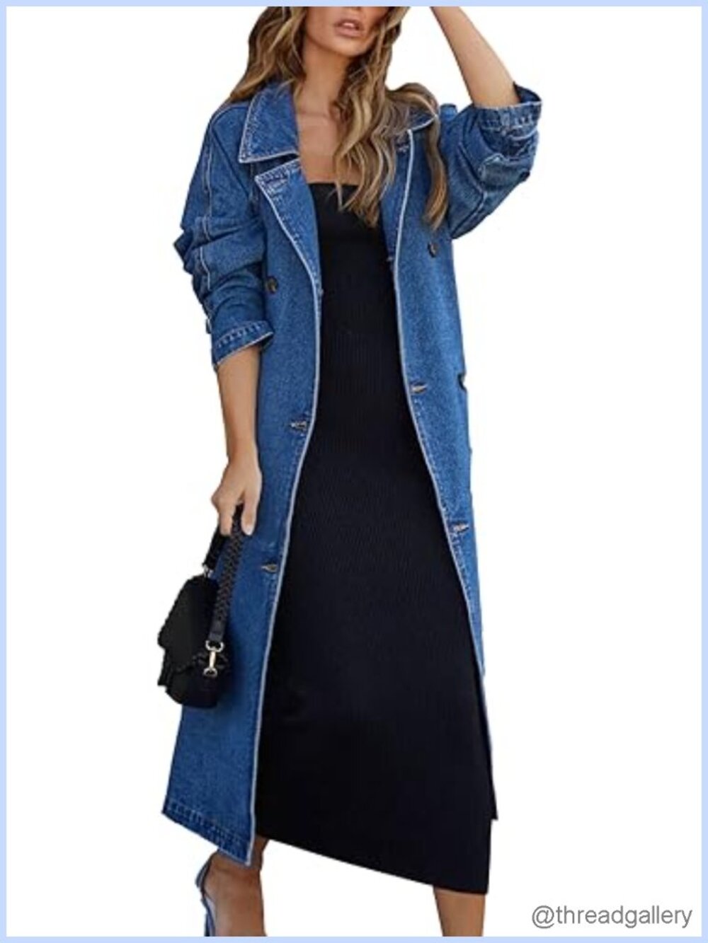 Women's Vintage Notched Collar Double Breasted Denim Jacket Trench Coat with